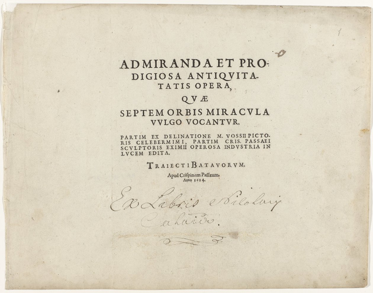 Titelblad van de serie met zeven wereldwonderen Titelblad met tekst in boekdruk: Antikkens vidunderlige og vidunderlige værker, som almindeligvis kaldes verdens syv vidundere, 1614 af Crispijn van de Passe (I)