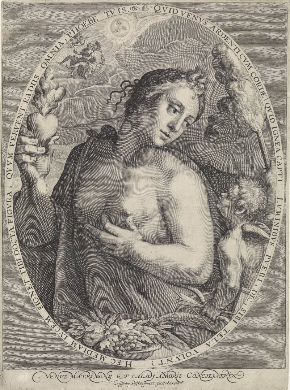 Venus og Amor Venus Matrimonij og Calidj Amoris Conciliatrix (titel på objekt) Diana, Venus en Aurora (serietitel) af Crispijn van de Passe (I)