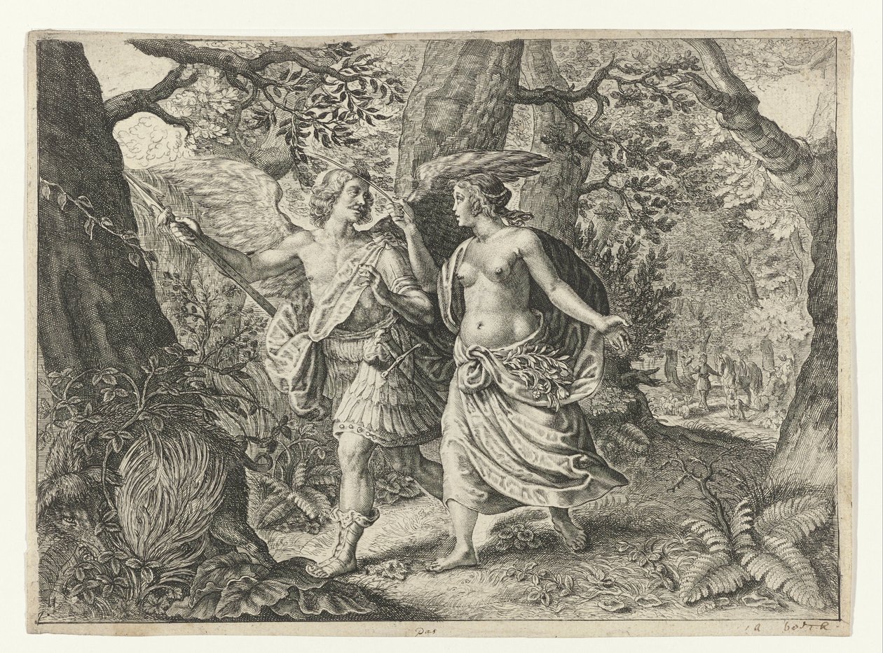 Circe forvandler Picus til en spætte Metamorphoses of Ovid (serietitel) af Crispijn van de Passe (II) (after)