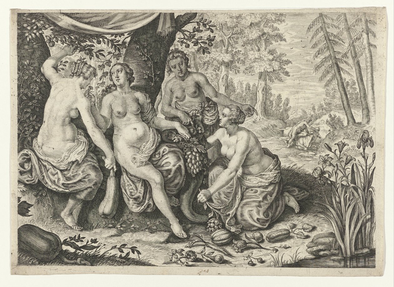 Nymfer fylder overflødighedshornet Metamorphoses of Ovid (serietitel) af Crispijn van de Passe (II) (attributed to)