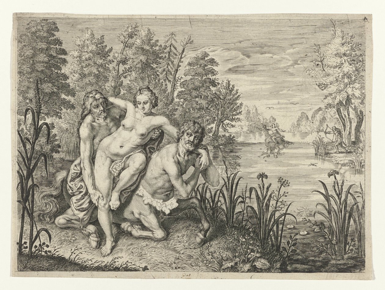 Nessus tager Deianira over floden Dianier of Nessus sat på tværs af strømmen (titel på objekt) Metamorphoses of Ovid (serietitel) af Crispijn van de Passe (II) (possibly)