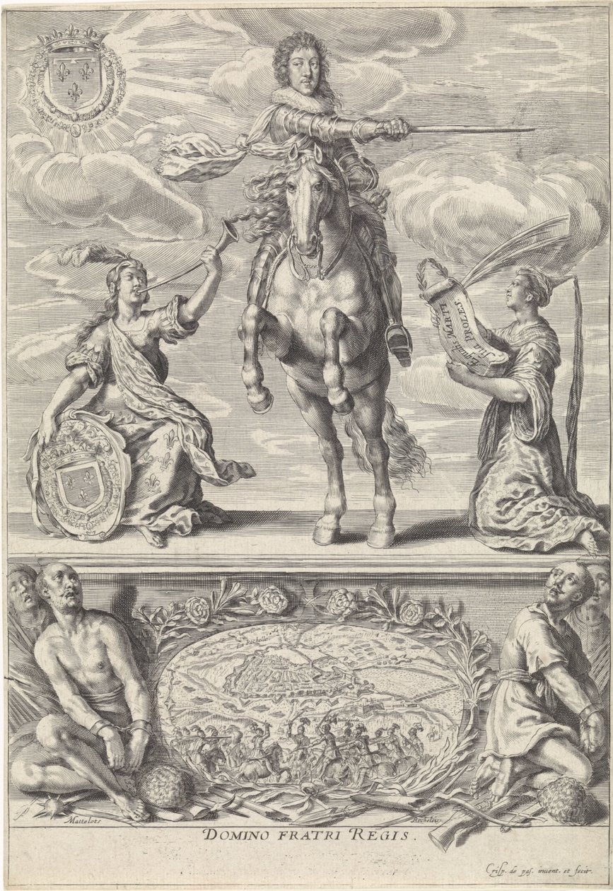 Portræt af Gaston Jean-Baptiste af Orléans, til hest Domino Fratri Regis. (titel på objekt) af Crispijn van de Passe (II)