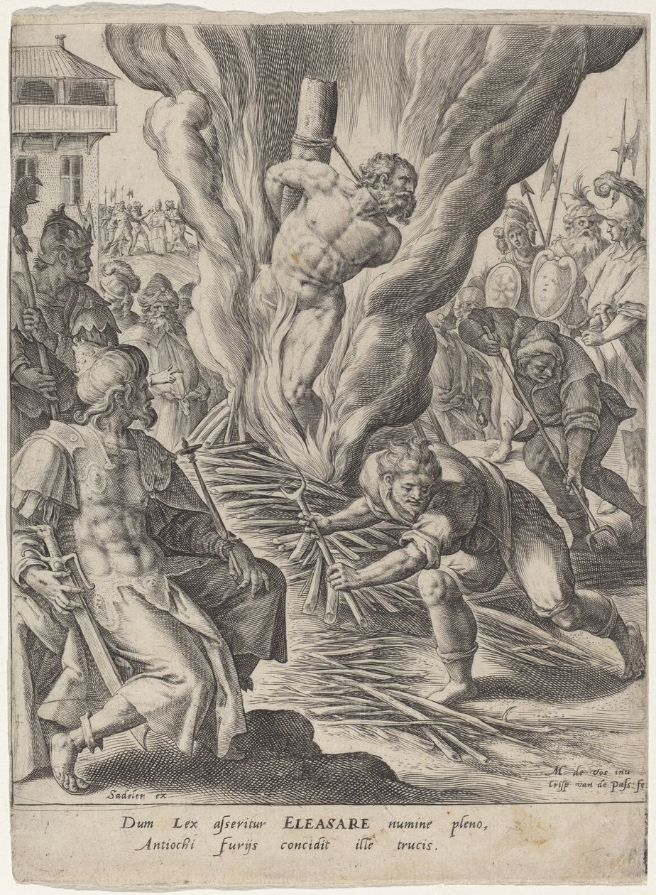 Eleazar brændt af Antiochus af Crispijn van de Passe I after Maarten de Vos