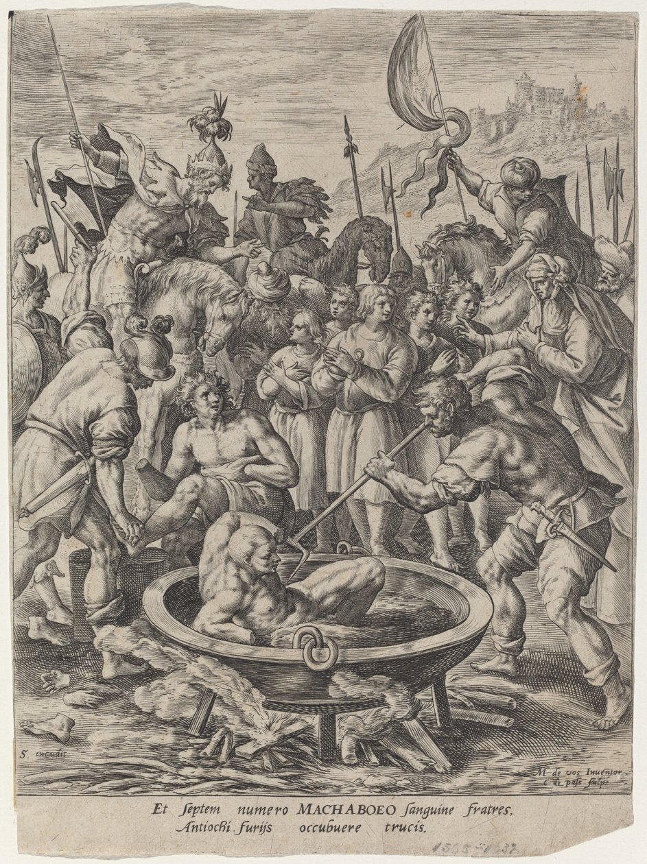 De syv makkabæerbrødre dræbt af Antiochus af Crispijn van de Passe I after Maarten de Vos