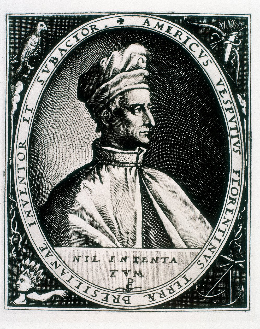 Portræt af Amerigo Vespucci, inskription "Americus Vesputius Florentinus Opfinder af det brasilianske land" (gravering) af Crispin I de (after) Passe