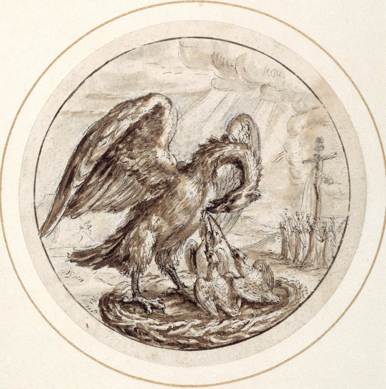 A Pelican in her Piety, tidligt i det 17. århundrede (pen & brunt blæk med brun vask) af Crispin I de Passe