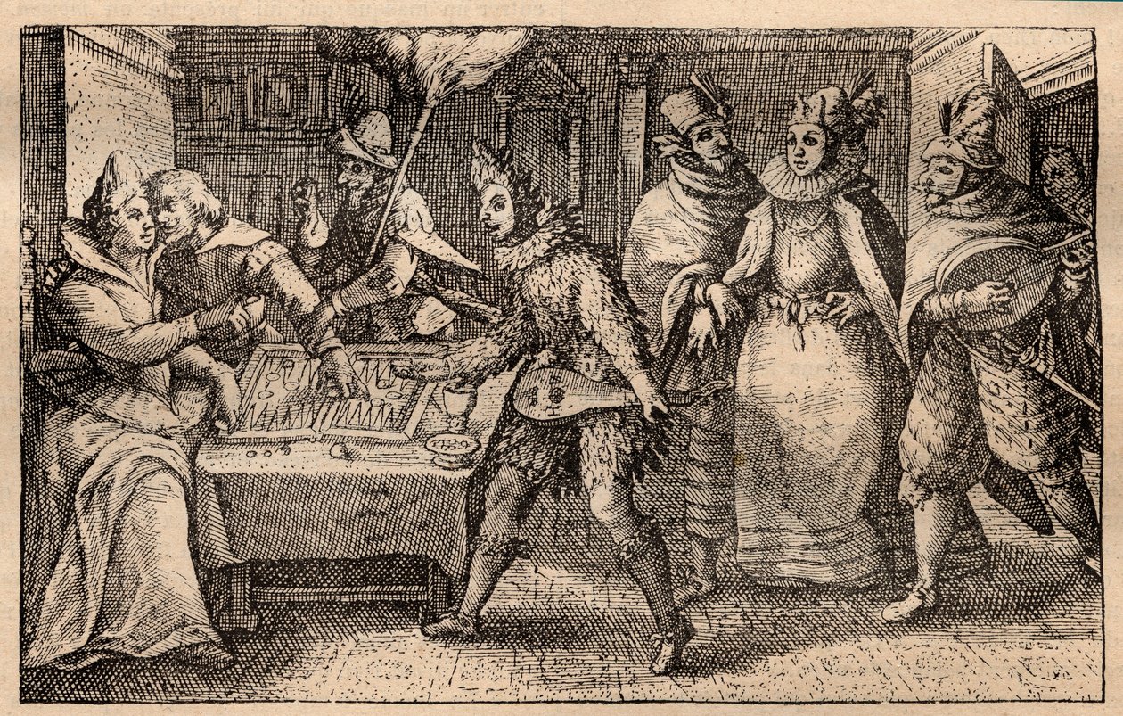 En backgammon-fest med spadserende spillere - hollandsk kobberpladegravering; fra et sæt tryk, Hortus Voluptatem, af Crispin de Passe (1550-1643) - Et par, der spiller backgammon overrasket af fem mænds masker, gravering af Crispin de Passe l