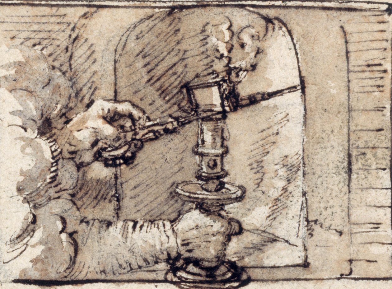Et par hænder, der udsender fra skyen, snus et lys i en lysestage (pen & brunt blæk med brun vask på papiret) af Crispin I de Passe