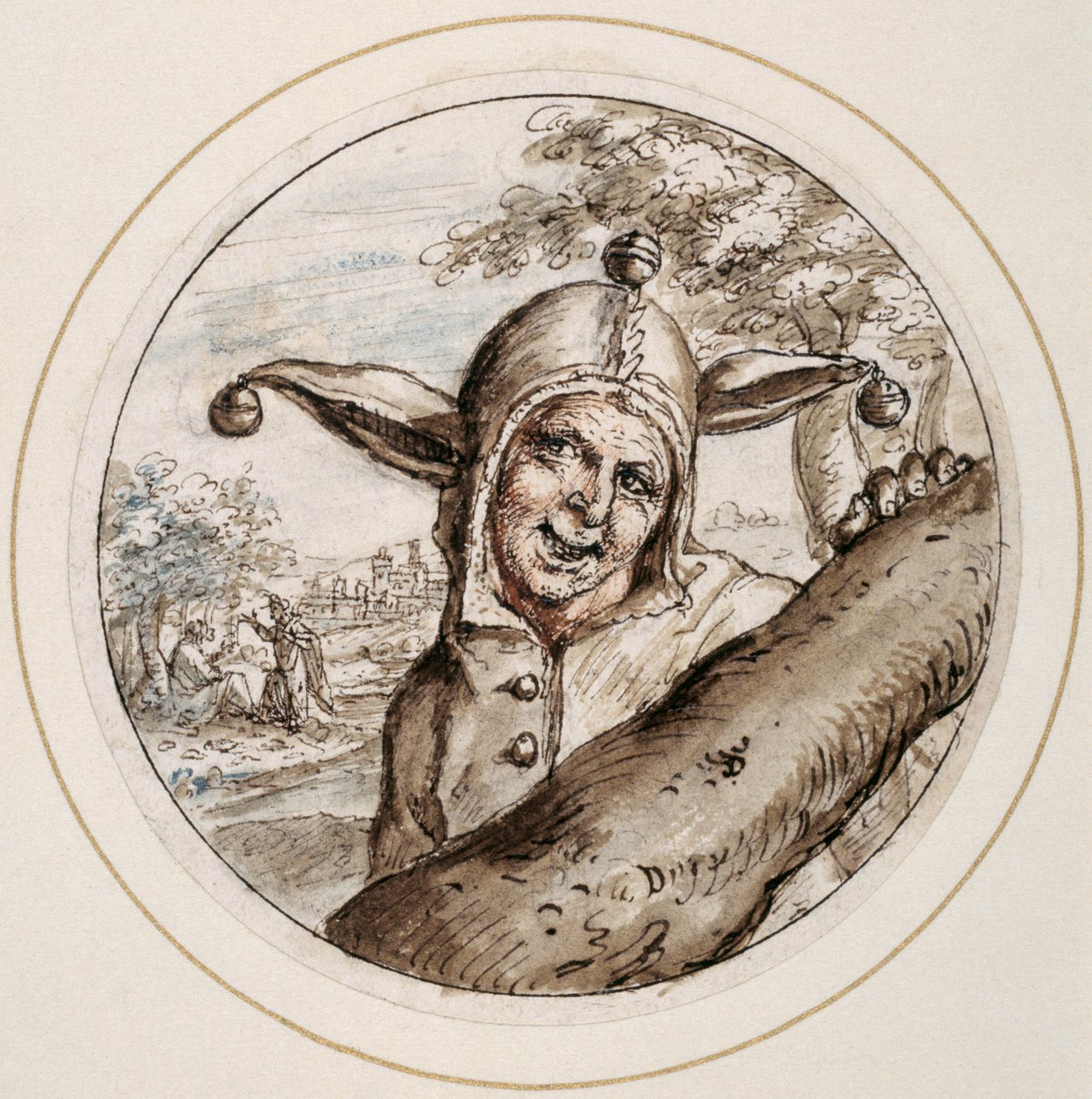 Nar med kasket og klokker, tidligt i det 17. århundrede (pen og brunt blæk med brune, grå og roser) af Crispin I de Passe