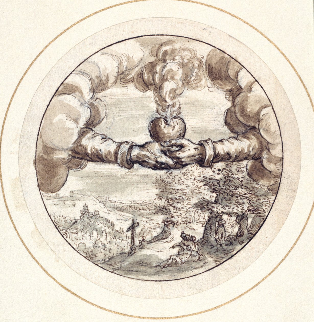 Hænder, der holder et flammende hjerte og kejserkrone med udsigt til Circus Maximus (pen og brunt blæk med brun vask på papir) af Crispin I de Passe