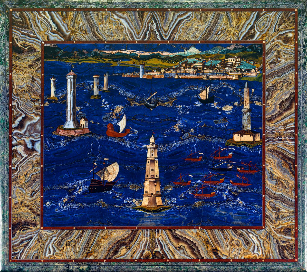 Bord med fremstilling af Livornos havn, ca. 1601-04 (ædelstene, træ, emalje) af Cristofano & Ligozzi Jacopo (1547 1626) Gaffurri