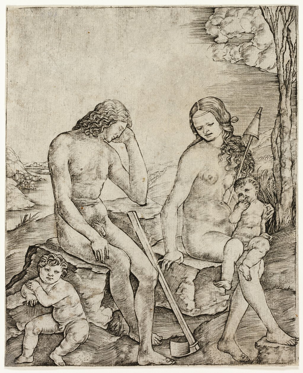 Adam og Eva med spædbørn Kain og Abel af Cristofano Robetta