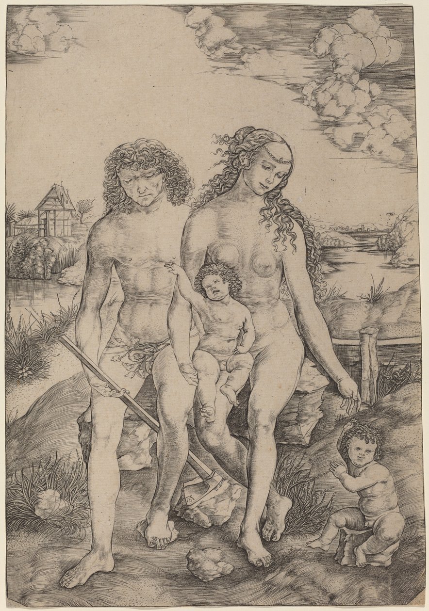 Adam og Eva med spædbørnene Kain og Abel af Cristofano Robetta