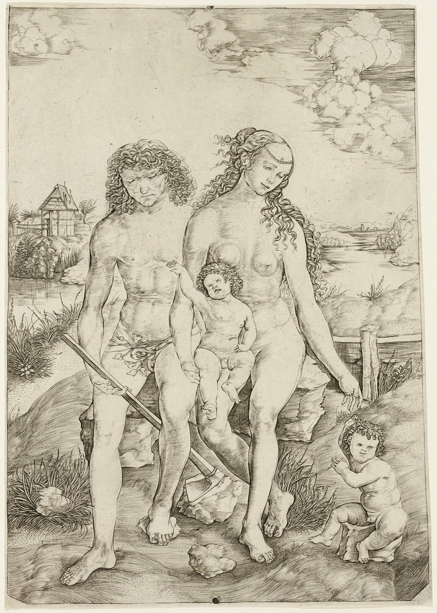 Adam og Eva med spædbørnene Kain og Abel af Cristofano Robetta