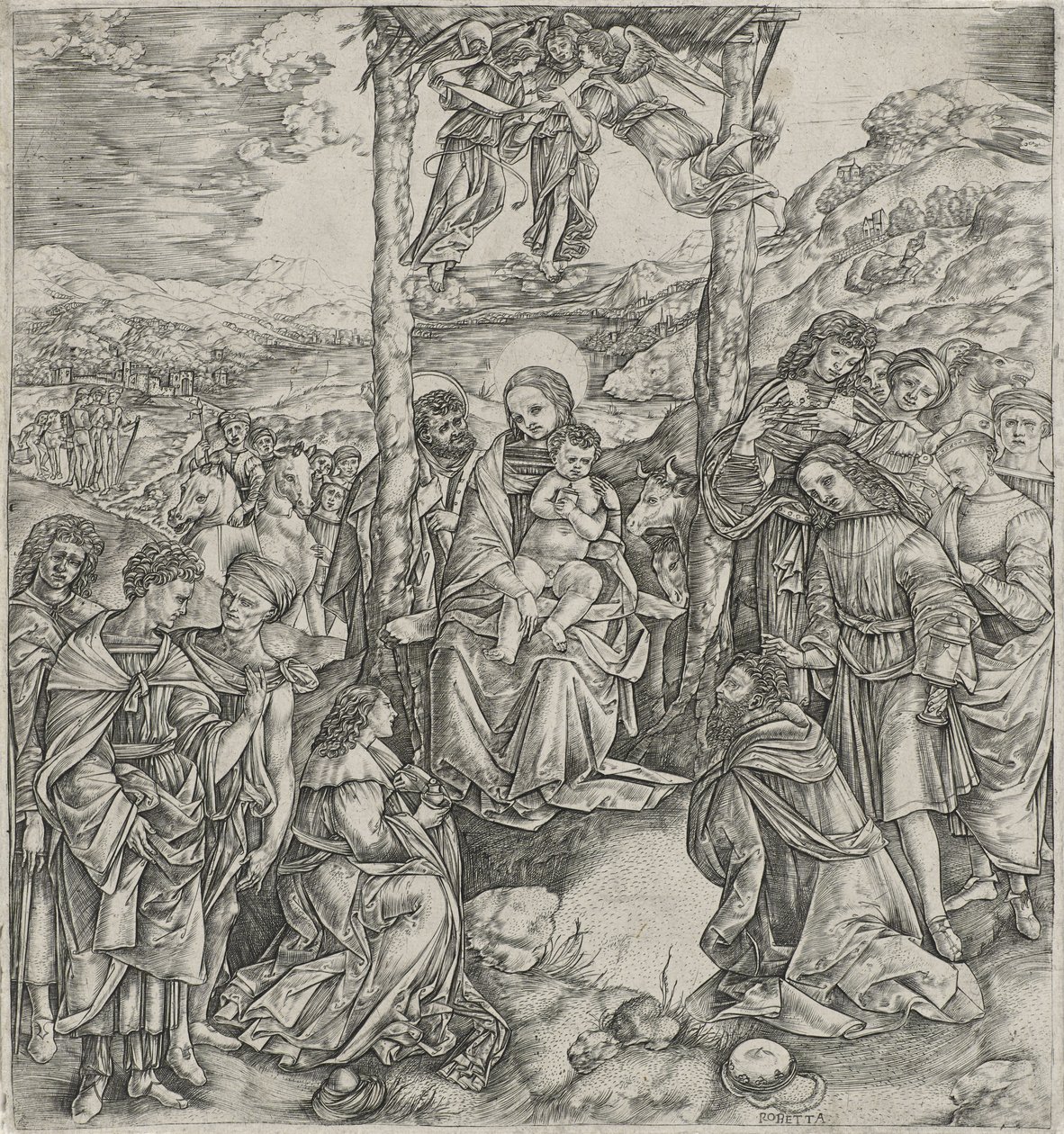 Tilbedelse af Magi (gravering på papir) af Cristofano Robetta