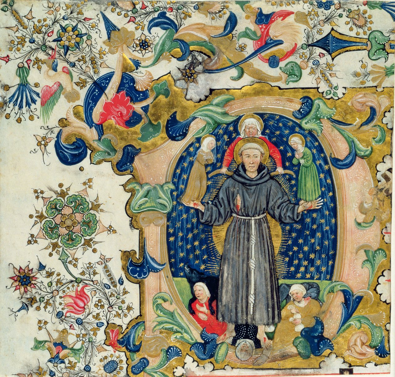St. Frans i herlighed omgivet af kyskhed, fattigdom og lydighed med begær og grådighed for hans fødder af Cristoforo Cortese