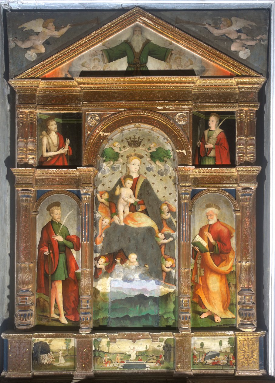 Kronet Madonna og barn med engle, Sankt Paul, Sankt Peter af Cristoforo (fl.1525 1578) & Pancalino Raffaele (fl.1514 1573) Pancalino