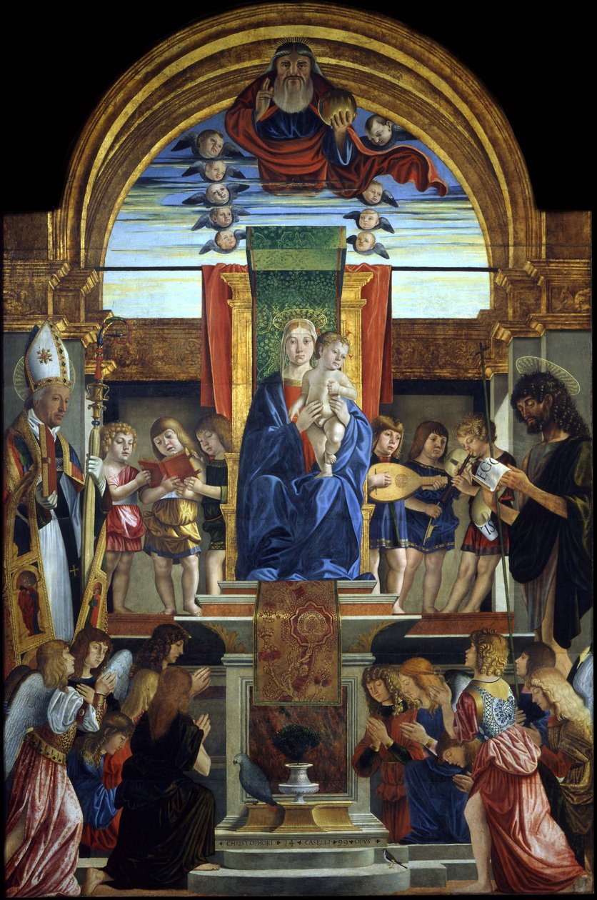 Jomfruen og barnet på tronen hos Gud Faderen og de hellige Hilarius og Johannes Døberen, 1499 af Cristoforo Caselli