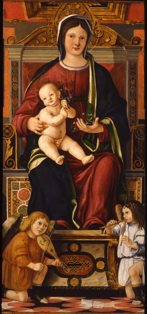 Jomfruen og barnet tronet med to musikerengle, 1508-1510 af Cristoforo Caselli