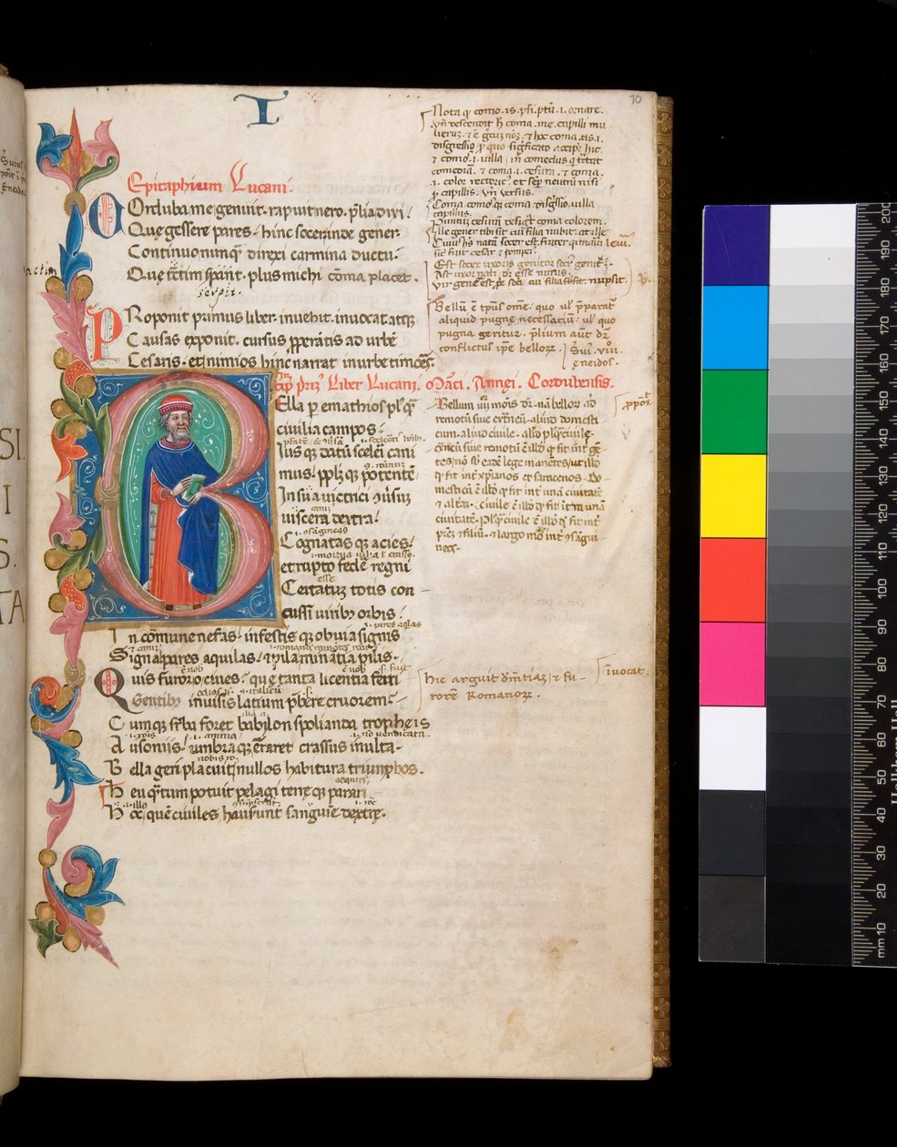 Ms 325. Lucan, Bellum Civile, og andre værker, f.10r. Oplyst initial [B], beboet af et forfatterportræt i fuld længde, der strækker sig ind i en delvis løvkant, ca. 1400-10 (pergament) af Cristoforo Cortese