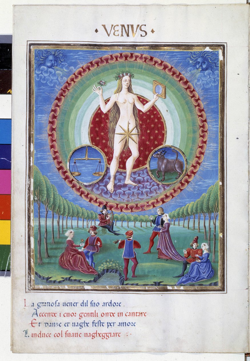 Kom med stjernetegnene balance og tyr. Nedenunder, de galante scener. Miniature lavet af Cristoforo de Predis (v. 1440-v. 1486) - i “” De Sphaera””” d