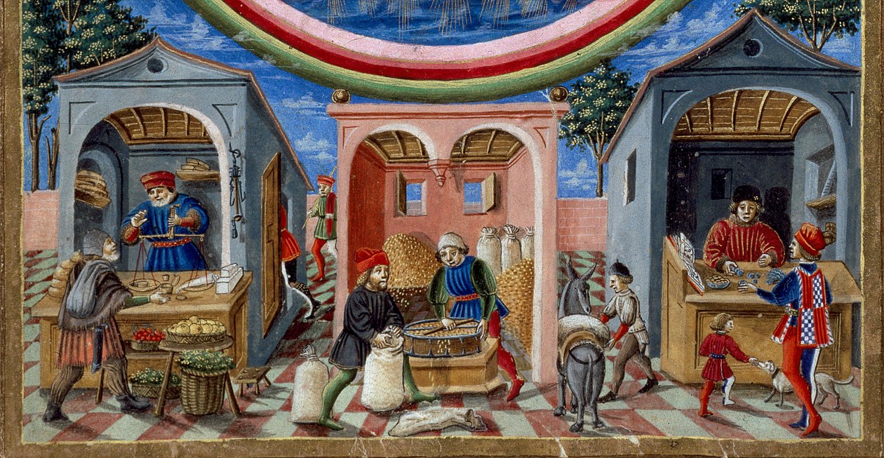 Detalje af købmænd, der sælger forskellige genstande: til venstre en købmand med frugt og grøntsager, i midten en møller, der støber korn (miniature, ca. 1470) af Cristoforo De Predis