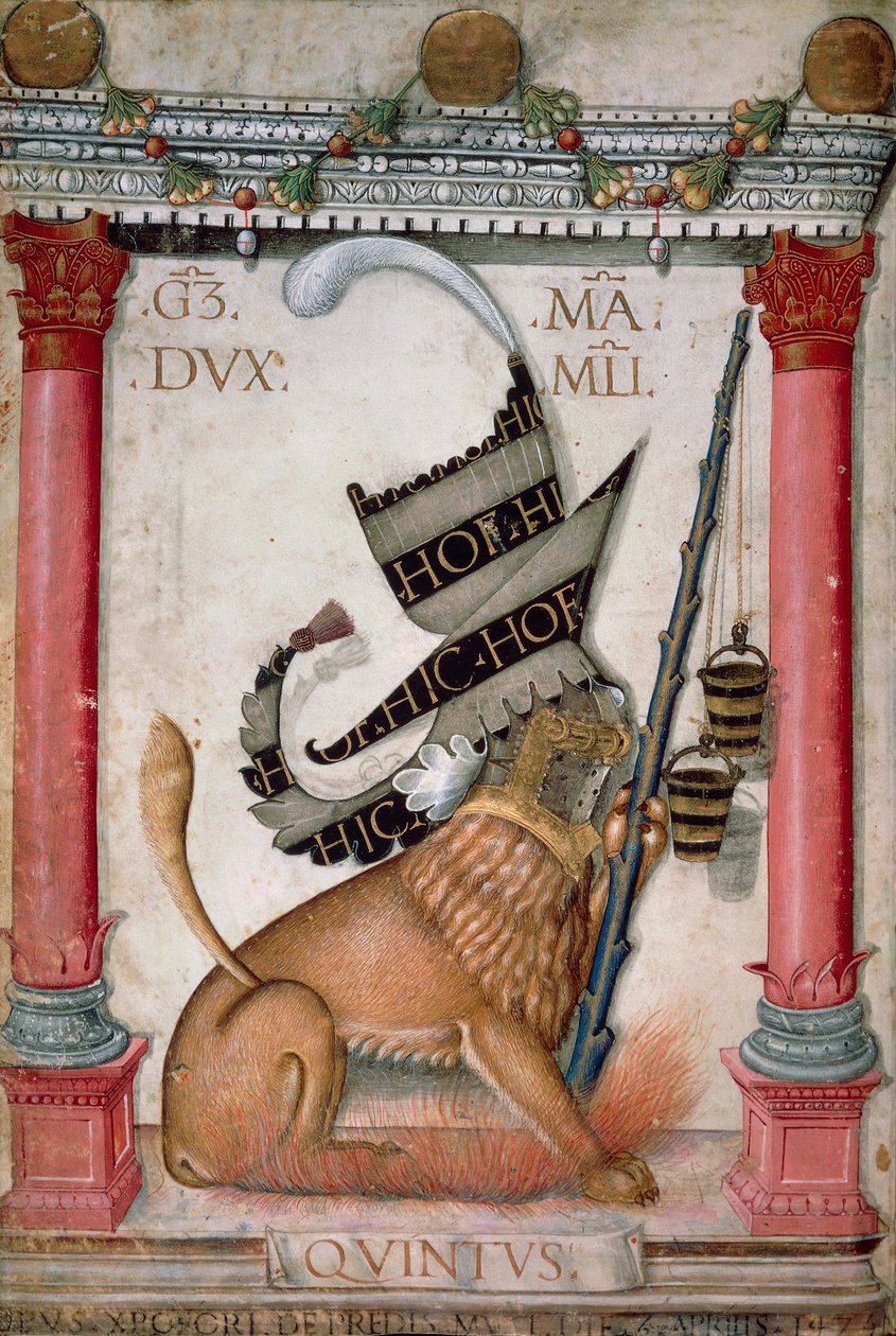 Heraldisk symbol, der viser et våbenskjold med en løve, gnister og spande af Galeazzo Maria Sforza, belyst side af Cristoforo de Predis fra Det Nye Testamentes Codex, varia 124, Italien 1475. af Cristoforo De Predis