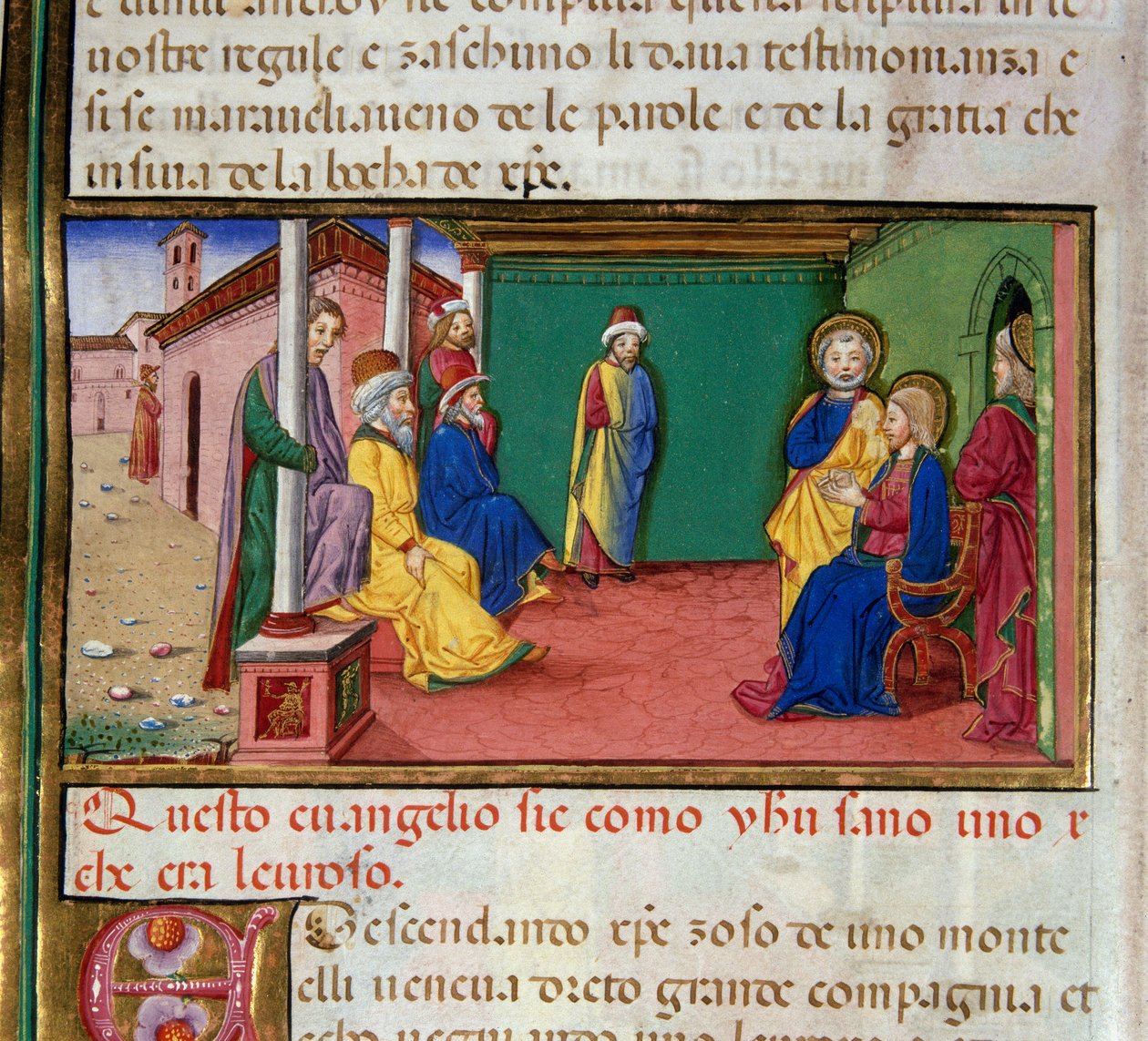 Jesus går i synagogen i Nazareth på en lørdag og læser profeten Esajas miniaturebog af Cristoforo De Predis (1440-1486) efter Det Nye Testamentes historie af Cristoforo De Predis