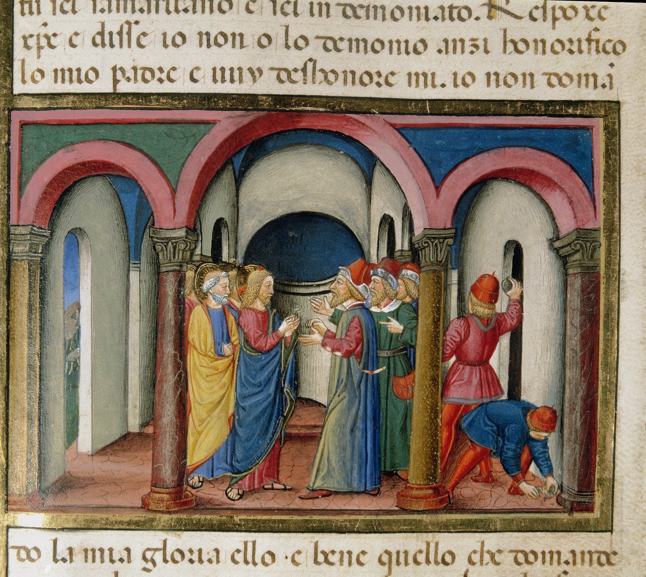 Jesus blev begravet nær Salomons tempel af jøder, som bad ham om at bevise sin miniatureidentitet Cristoforo De Predis (1440-1486) efter historien om Det Nye Testamente af Cristoforo De Predis