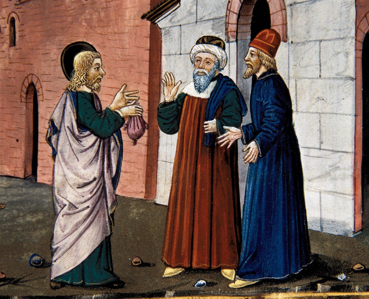 Judas går til præsten og bekender sit forræderi mod Kristus, fra Leggendario Sforza-Savoia af Cristoforo De Predis