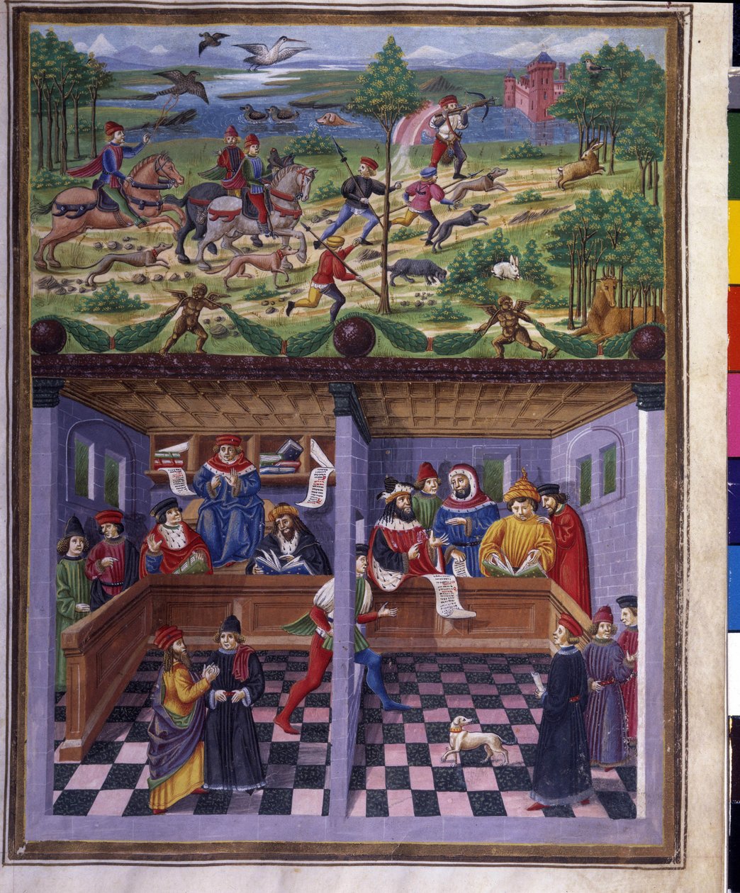 Marts indflydelse: jagt og hof. Miniature lavet af Cristoforo de Predis (v. 1440-v. 1486) - i “” De Sphaera””” d