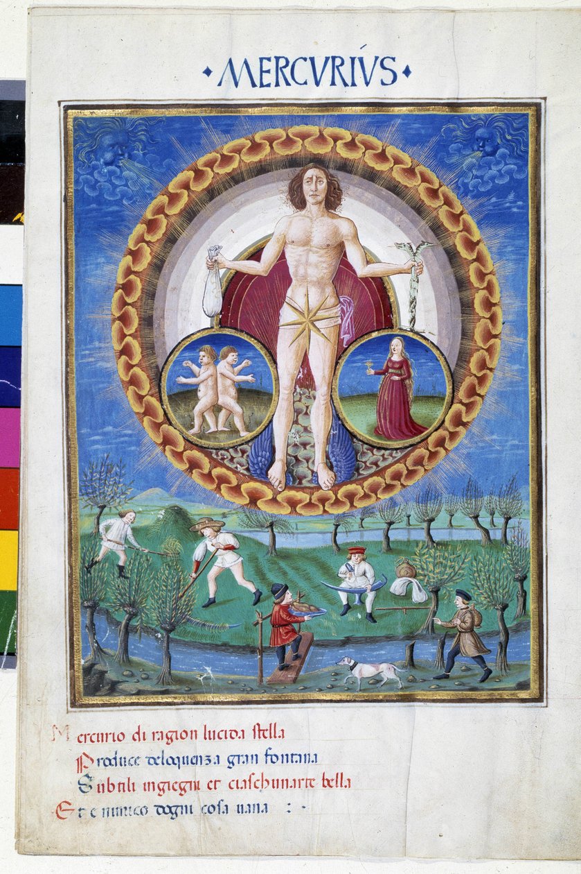 Merkur med tegn på Jomfruens og Gemels stjernetegn. Nedenunder arbejder bønder på markerne. Miniature lavet af Cristoforo de Predis (v. 1440-v. 1486) - i “” De Sphaera””” d