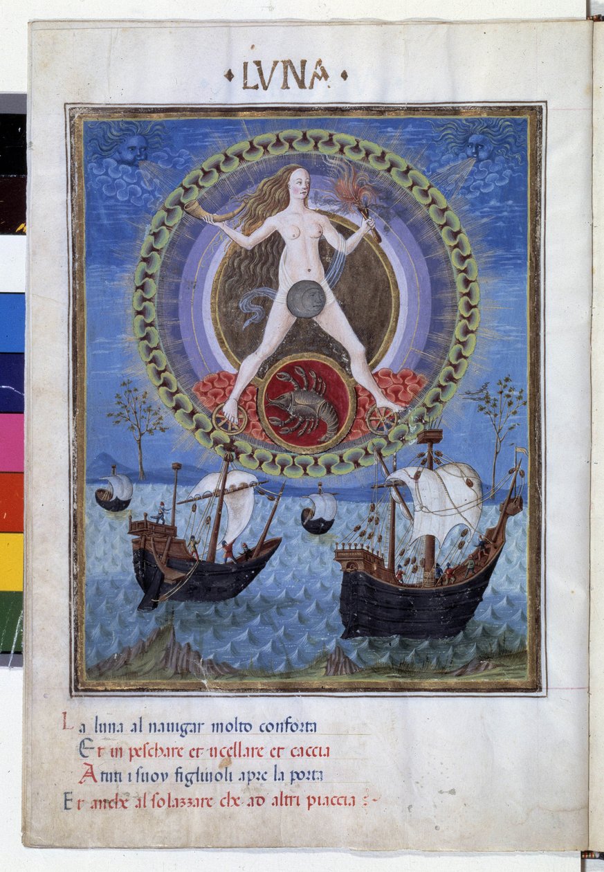 Månen med kræftens stjernetegn. Nedenunder, både under den stigende hoppe. Miniature lavet af Cristoforo de Predis (v. 1440-v. 1486) - i “” De Sphaera””” d