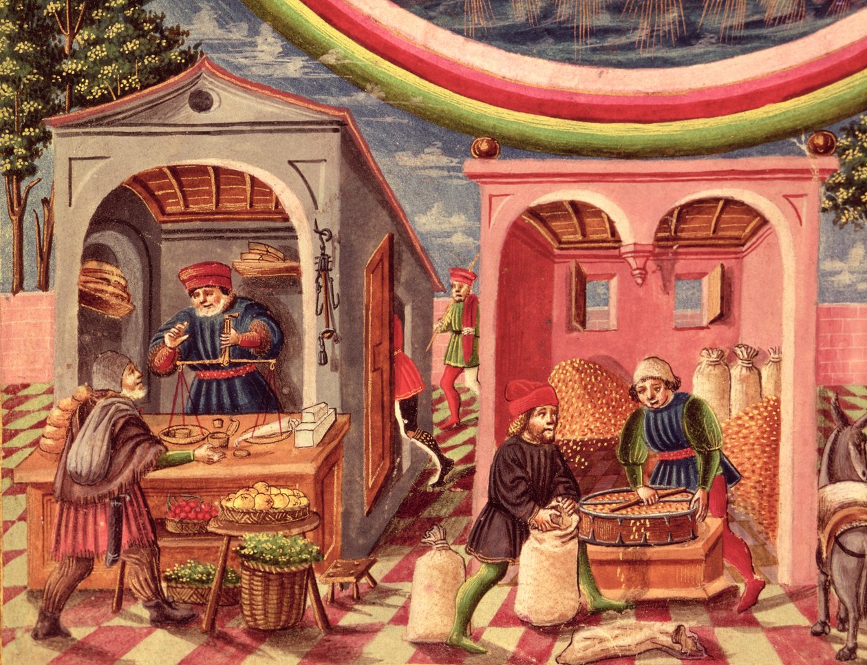 Ms Lat 209 fol.6v Jupiter, detalje af frugt- og kornhandlere, fra De Sphaera, c.1470 vellumdetalje af 308309 af Cristoforo De Predis