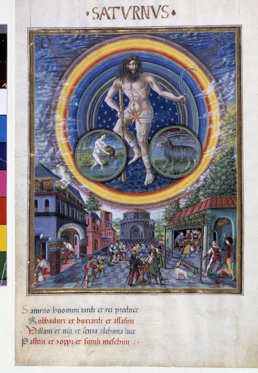 Saturn med stjernetegn på vandmanden og stenbukken. Nedenunder, spilscenerne og dens indflydelse på mænd. Miniature lavet af Cristoforo de Predis (v. 1440-v. 1486) - i “” De Sphaera””” d