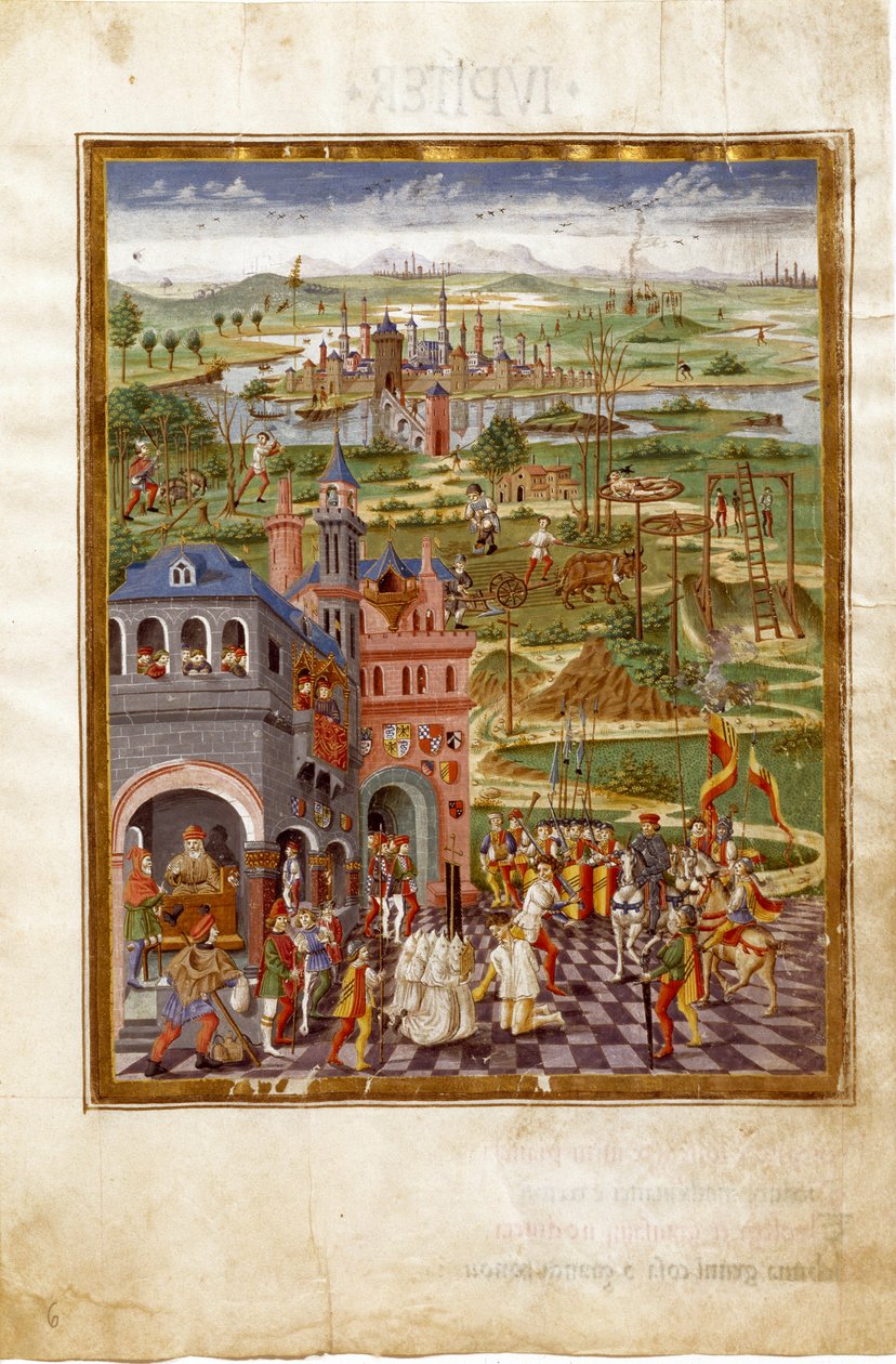 Scene med tortur og domme i en middelalderby. Saturns indflydelse (miniature, ca. 1470) af Cristoforo De Predis