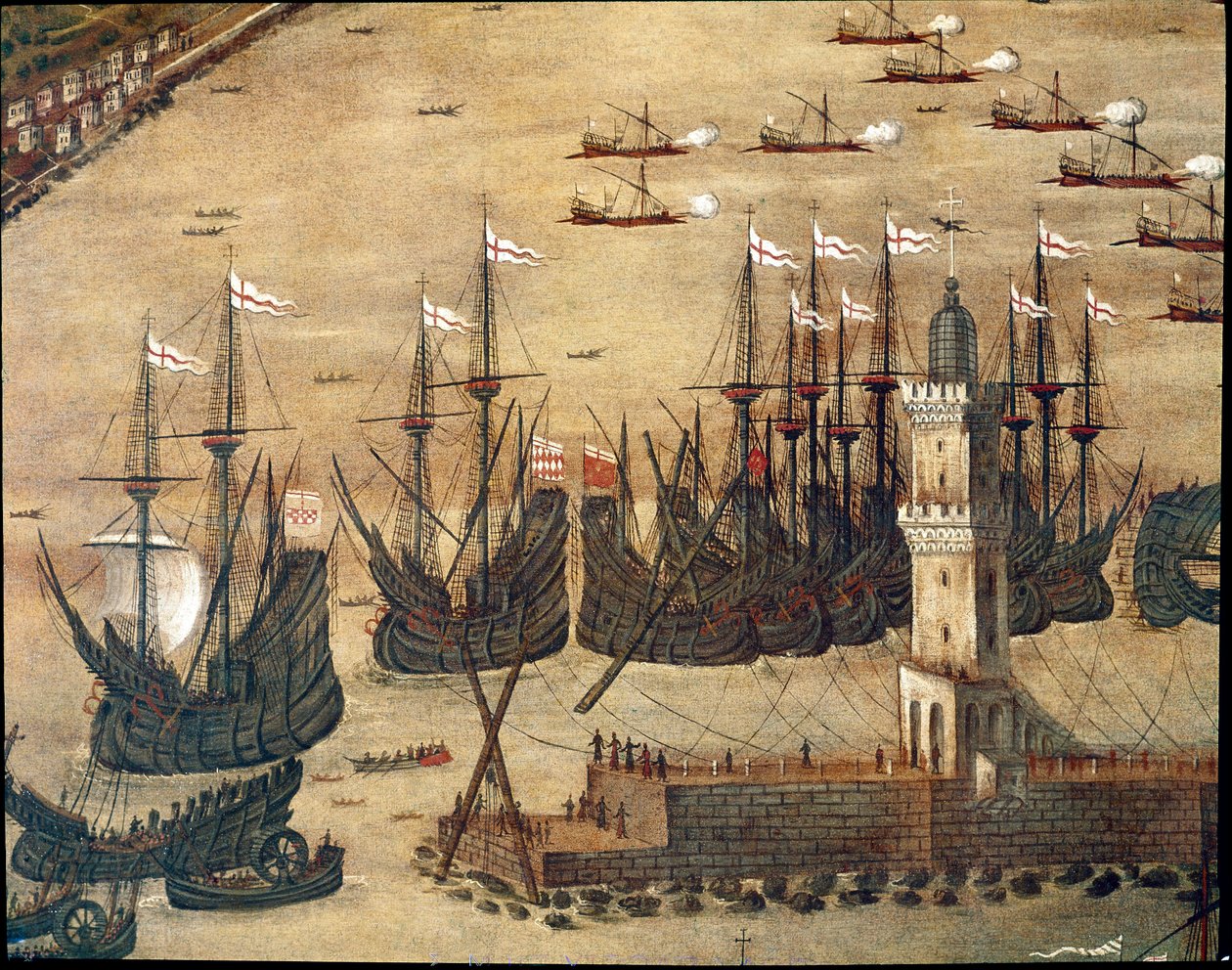 Udsigt over havnen i Genova. (Detalje. Olie på lærred af Cristoforo Grassi or Grasso