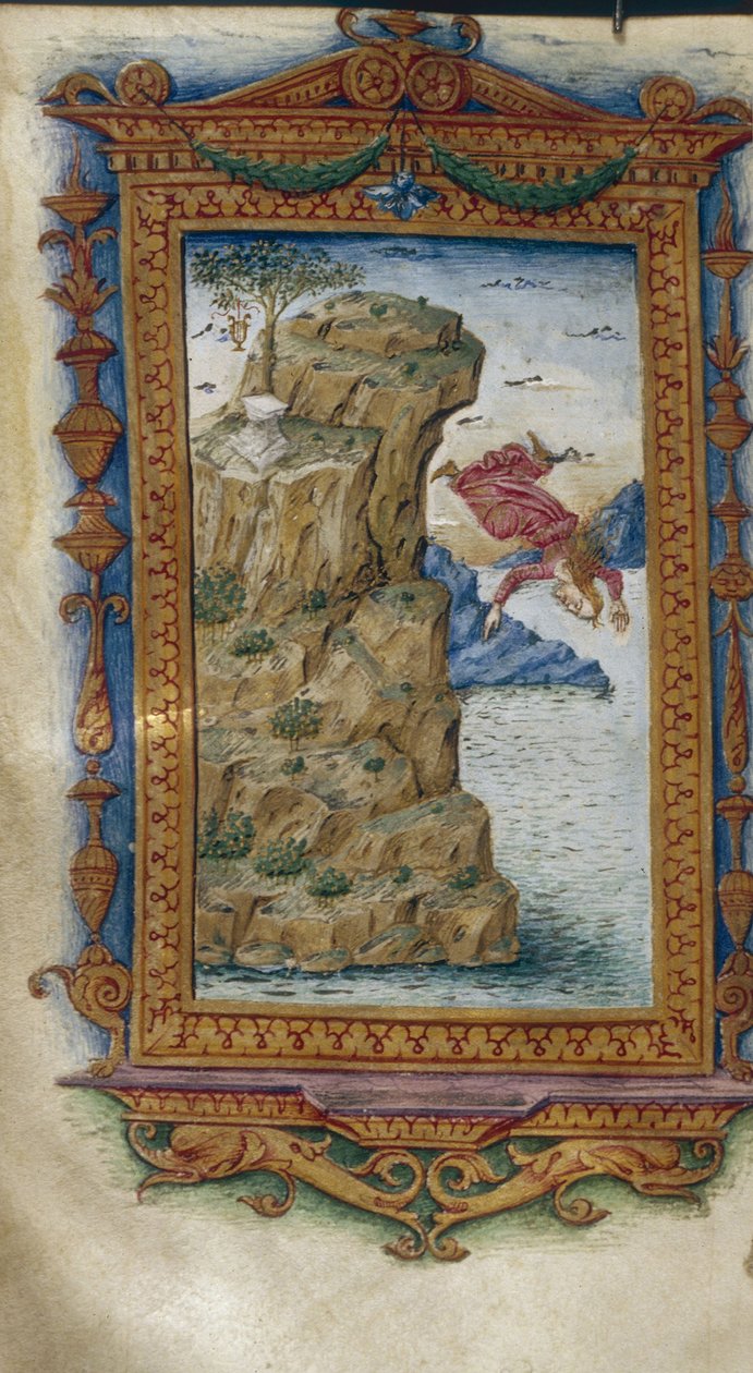 Sappho kaster sig i havet Illustration til The Heroides af Ovid, 1485-1499 af Cristoforo Majorana