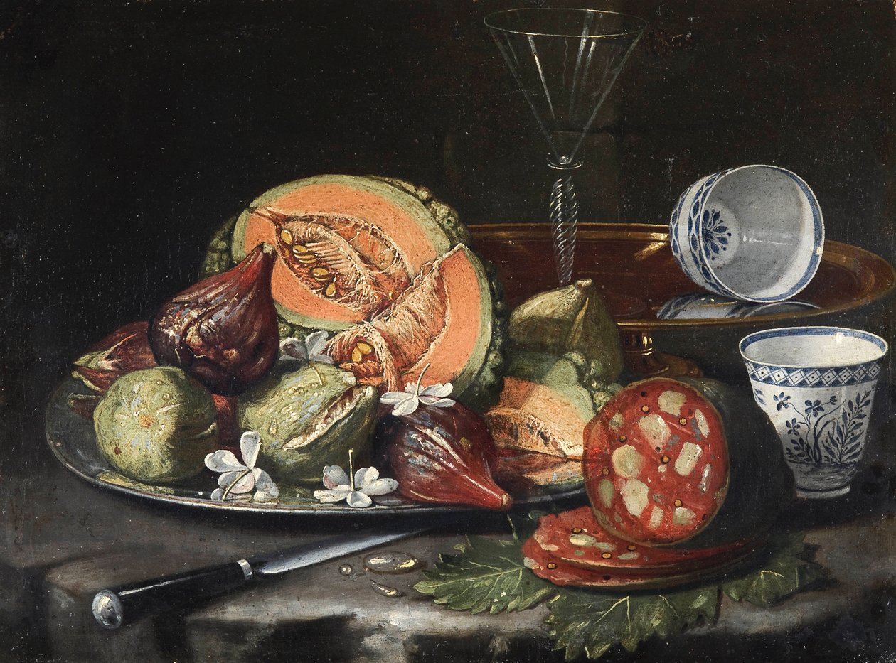 ""Still life"" (Still life) Melon, pølse, figner og kinesisk porcelæn Maleri af Cristoforo Monari (Munari) (1667-1720), - Olie på lærred, 44x56 - Fondation Custodia af Cristoforo Munari
