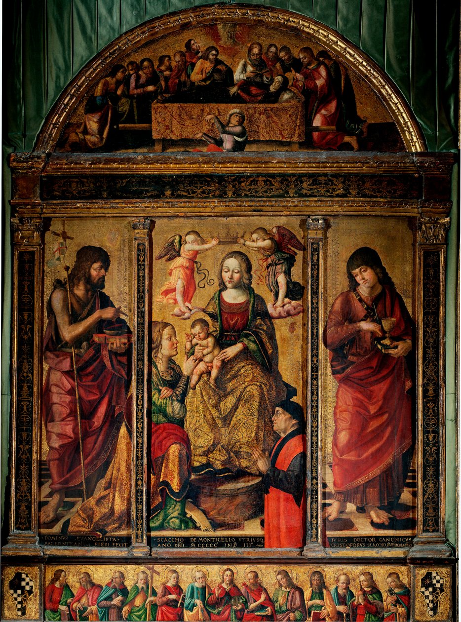 Triptykon af St. Catherines mystiske ægteskab, omgivet af de hellige Johannes Døberen og Sankt Johannes Evangelisten (Træmaleri af Cristoforo Scacco
