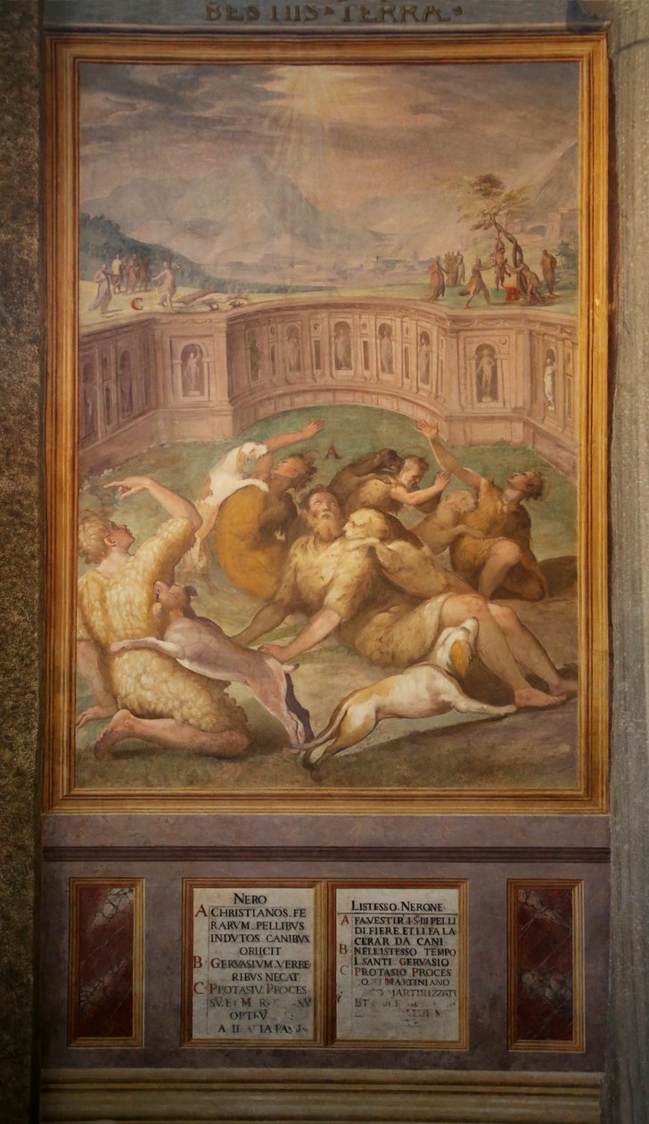 Helgener, muligvis Gervais og Protais, kastet til dyrene af Cristoforo and Tempesta, Antonio Roncalli
