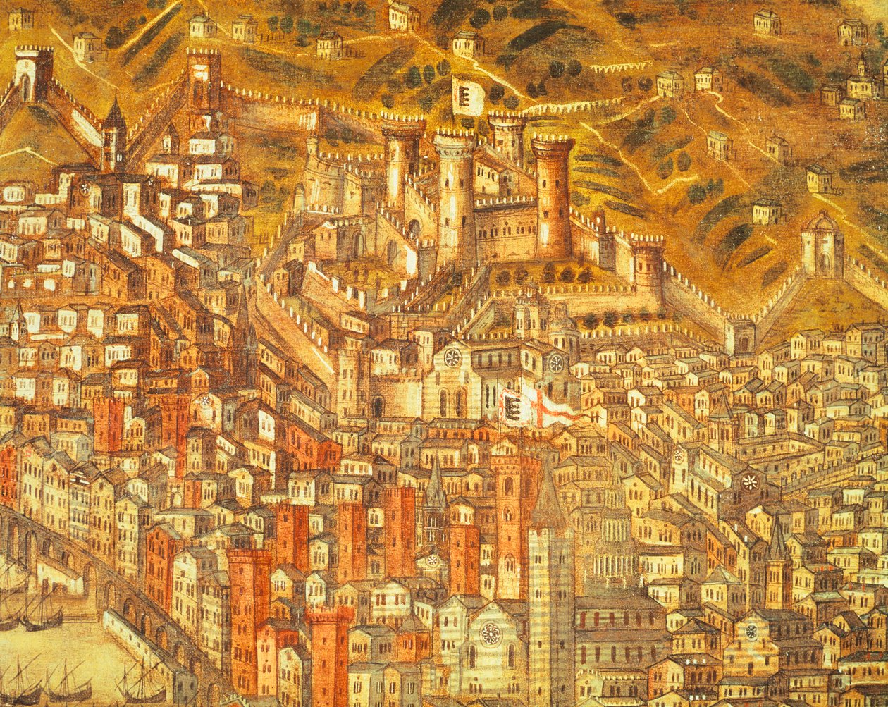 Udsigt over Genova og dets slot (detaljer) 1597 (olie på lærred) af Cristoforo de Grassi