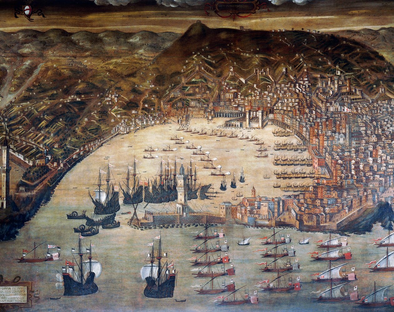 Udsigt over Genova og dens havn, Maleri af Cristoforo Grassi (1565-1598), Italien af Cristoforo de Grassi