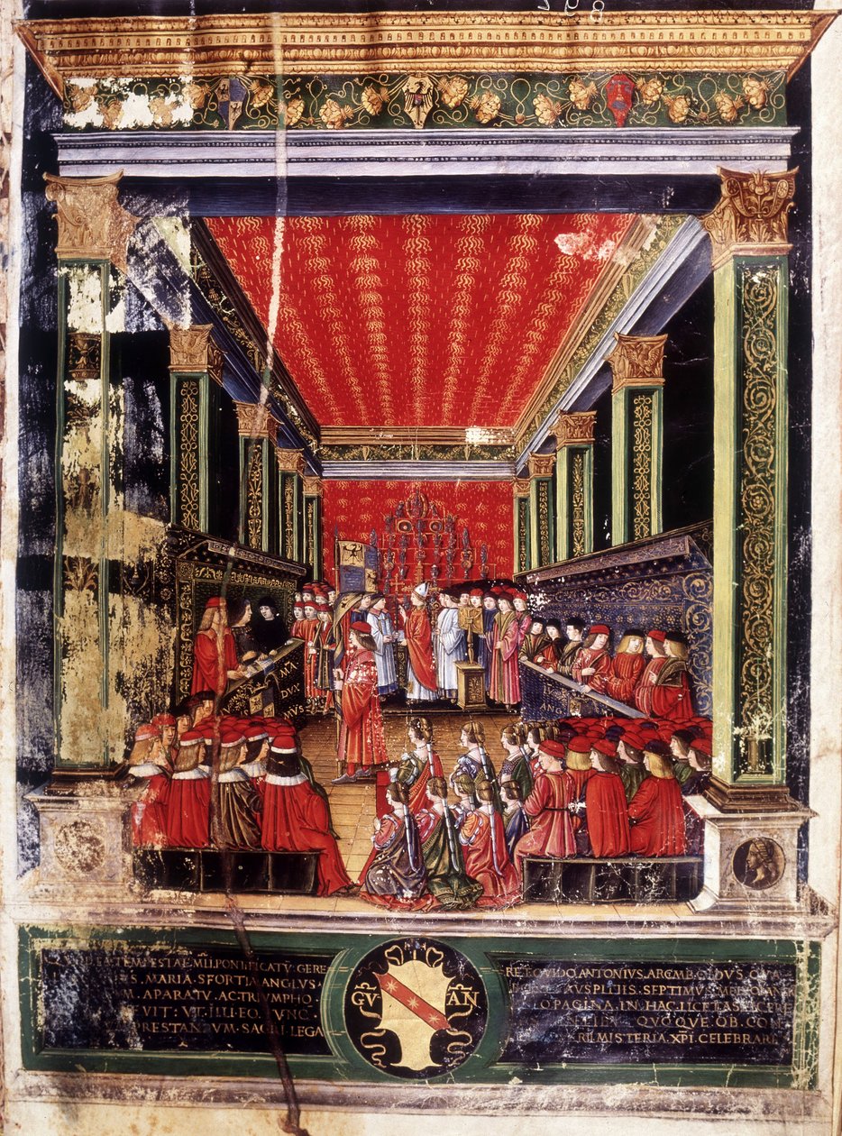 Induktion af Ludovic Marie Sforza dit le More (Ludovico Maria Sforza kaldet il Moro) (1452-1508) - belysning fra kardinal Arcimboldis Missal, lavet af den berømte miniaturist Cristoforo de Predis. Capitular Library, Milano. af Cristoforo De Predis