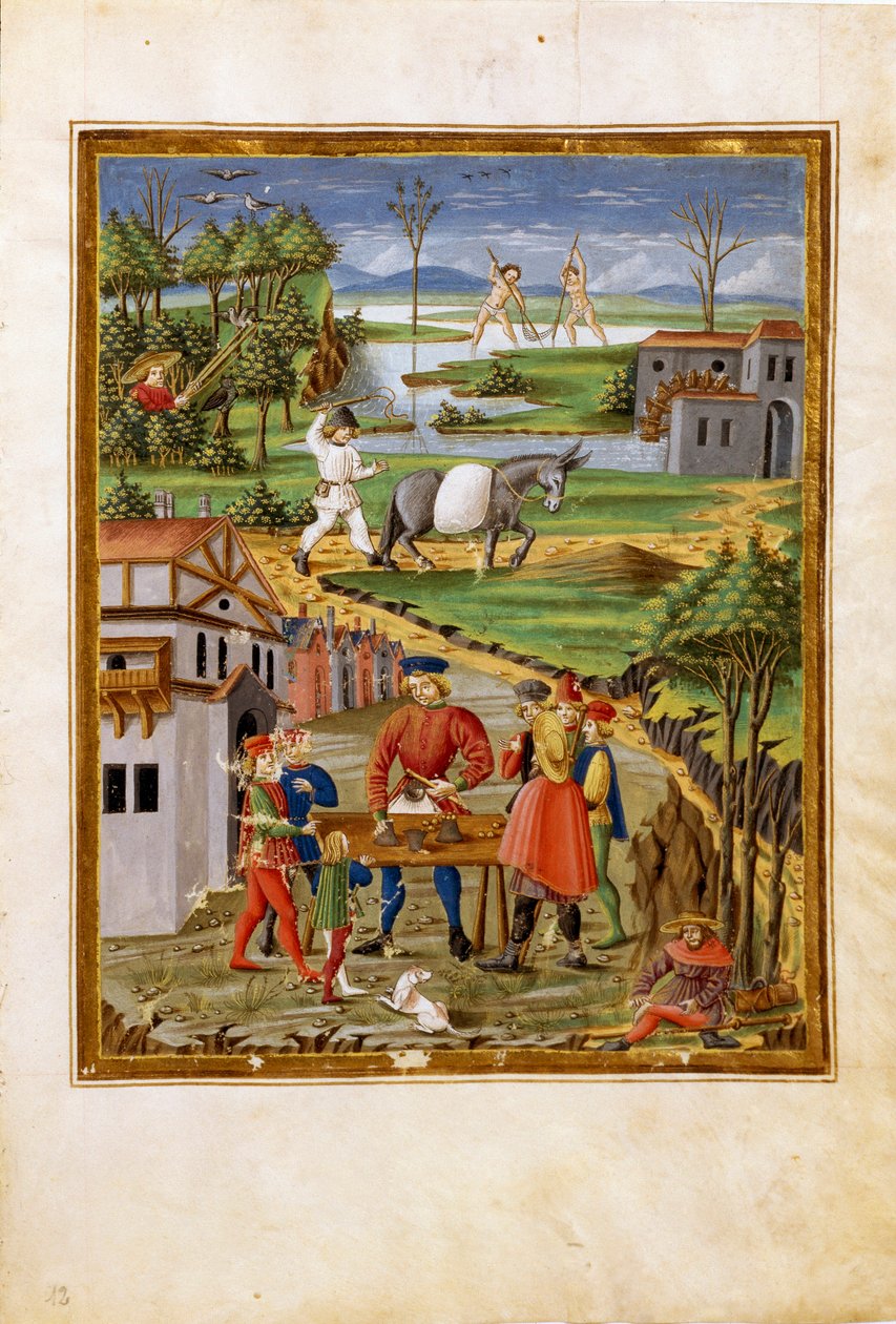Månens indflydelse: scene for fiskeri, jagt og landbrug (miniature, ca. 1470) af Cristoforo De Predis