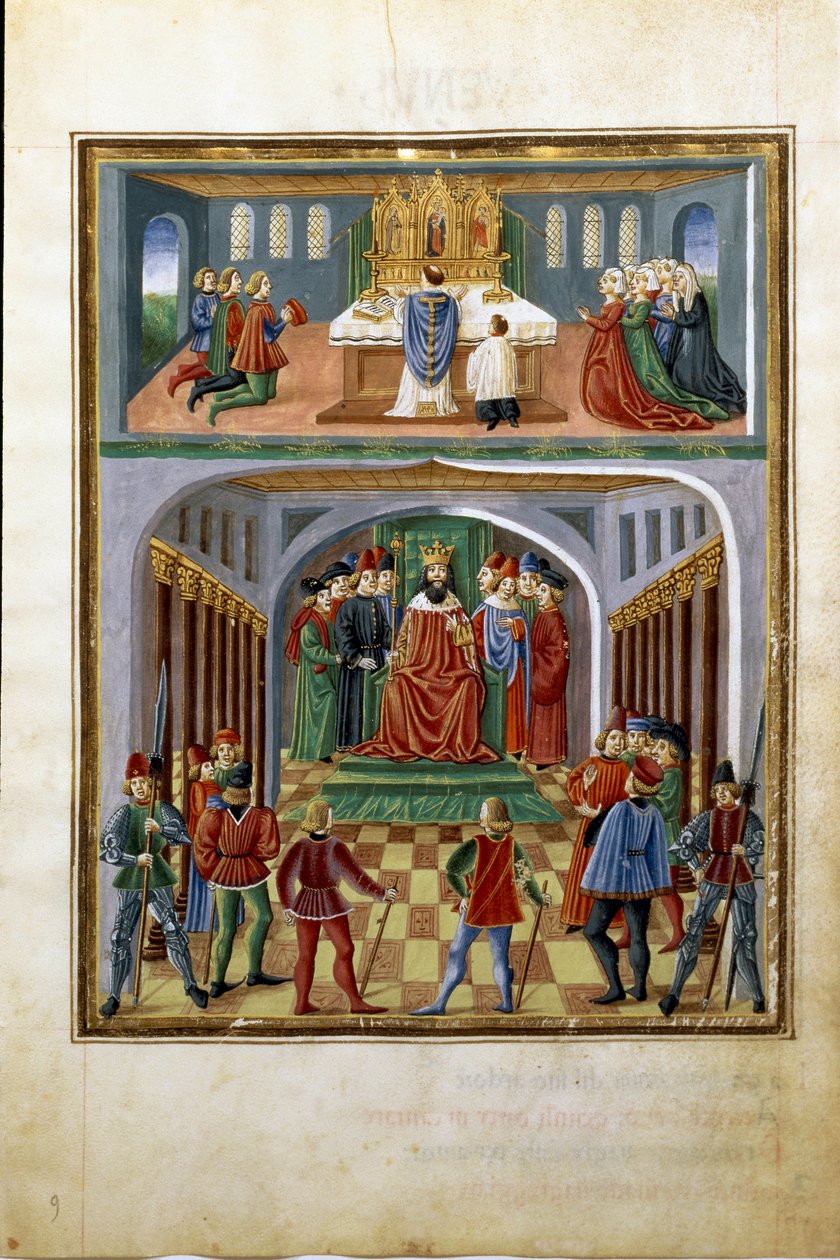 Solens indflydelse: timelige kræfter (konge før sine hofmænd) og åndelige kræfter (præst, der tjener i en kirke). (miniature, ca. 1470) af Cristoforo De Predis