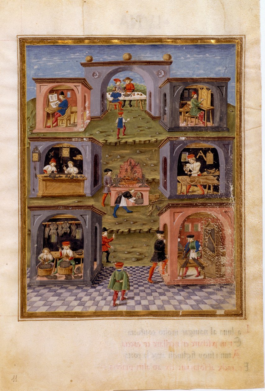 Påvirkninger af Merkur: håndværkerne. En madlavningsscene omgivet af en måltidsscene, en kopist, en urmager, en våbensmed, en orgelmager, en billedhugger og en hellig kunstmaler (miniature, ca. 1470) af Cristoforo De Predis