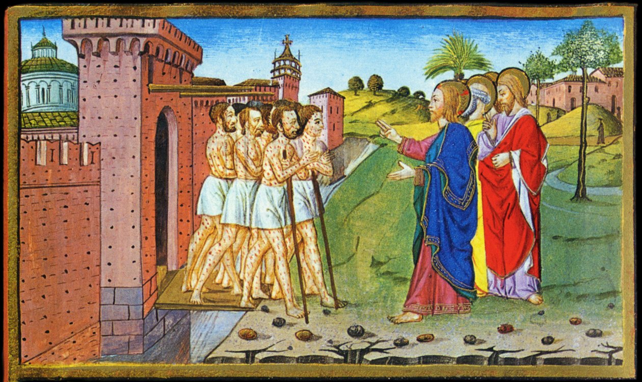 Jesus og de spedalske. Miniature af Cristoforo af Predis - i Historia af det nye testamente af Cristoforo De Predis