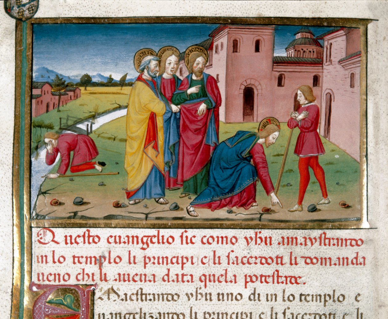 Jesus giver syn til en blind mand af fødsel Miniature af Cristoforo De Predis (1440-1486) efter Det Nye Testamentes historie (fol. 7) af Cristoforo De Predis