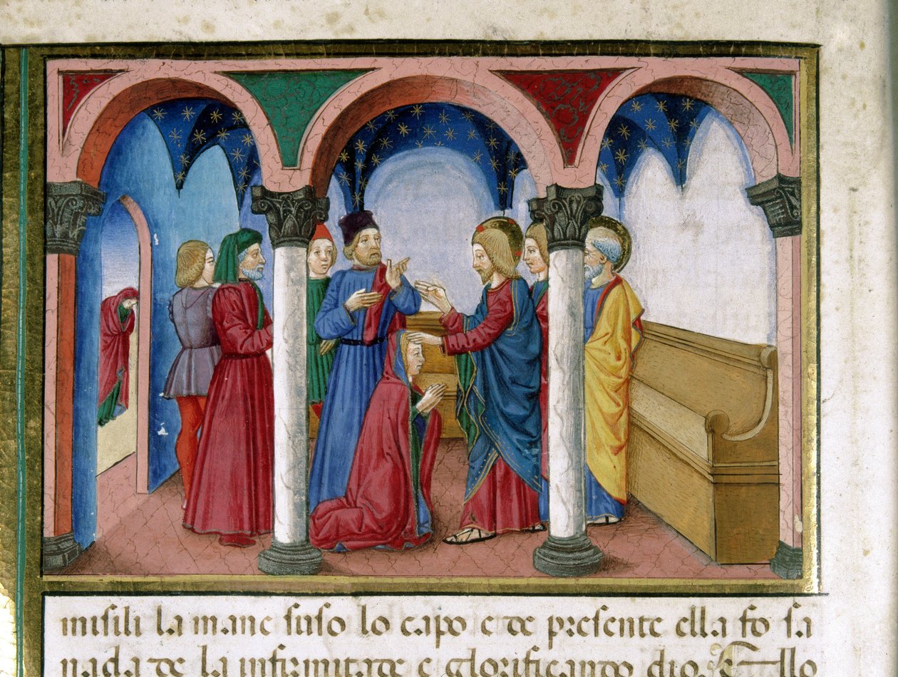 Jesus retter en kvinde med snoede medlemmer op i en miniaturesynagoge af Cristoforo De Predis (1440-1486) efter Det Nye Testamentes historie (fol. 78) af Cristoforo De Predis